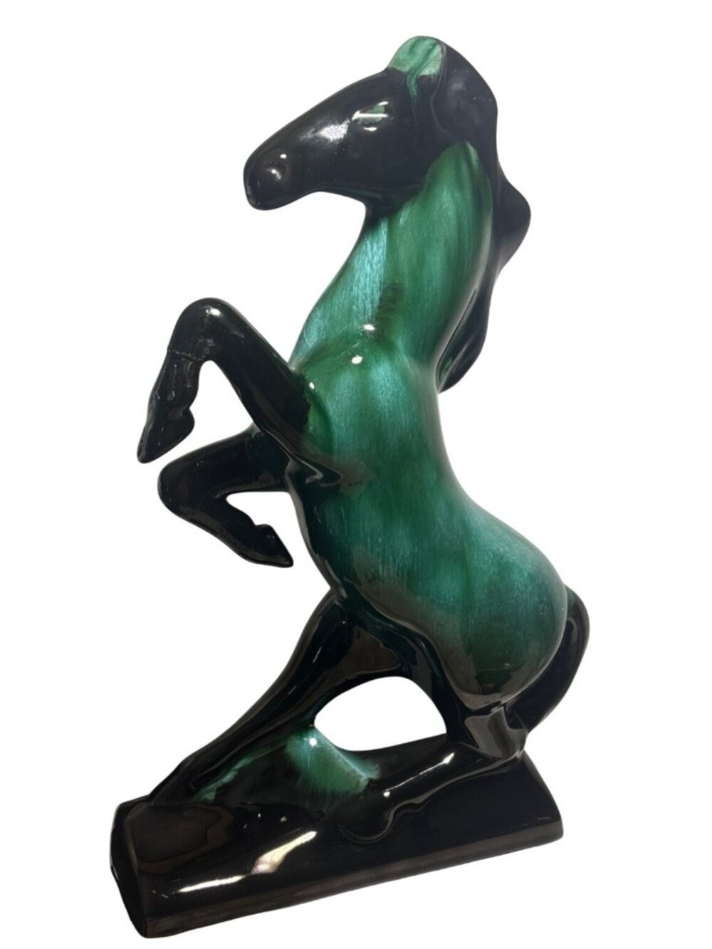 Blue Mountain Pottery Rearing Horse Large 14" Tall Green Drip Glaze MCM READ